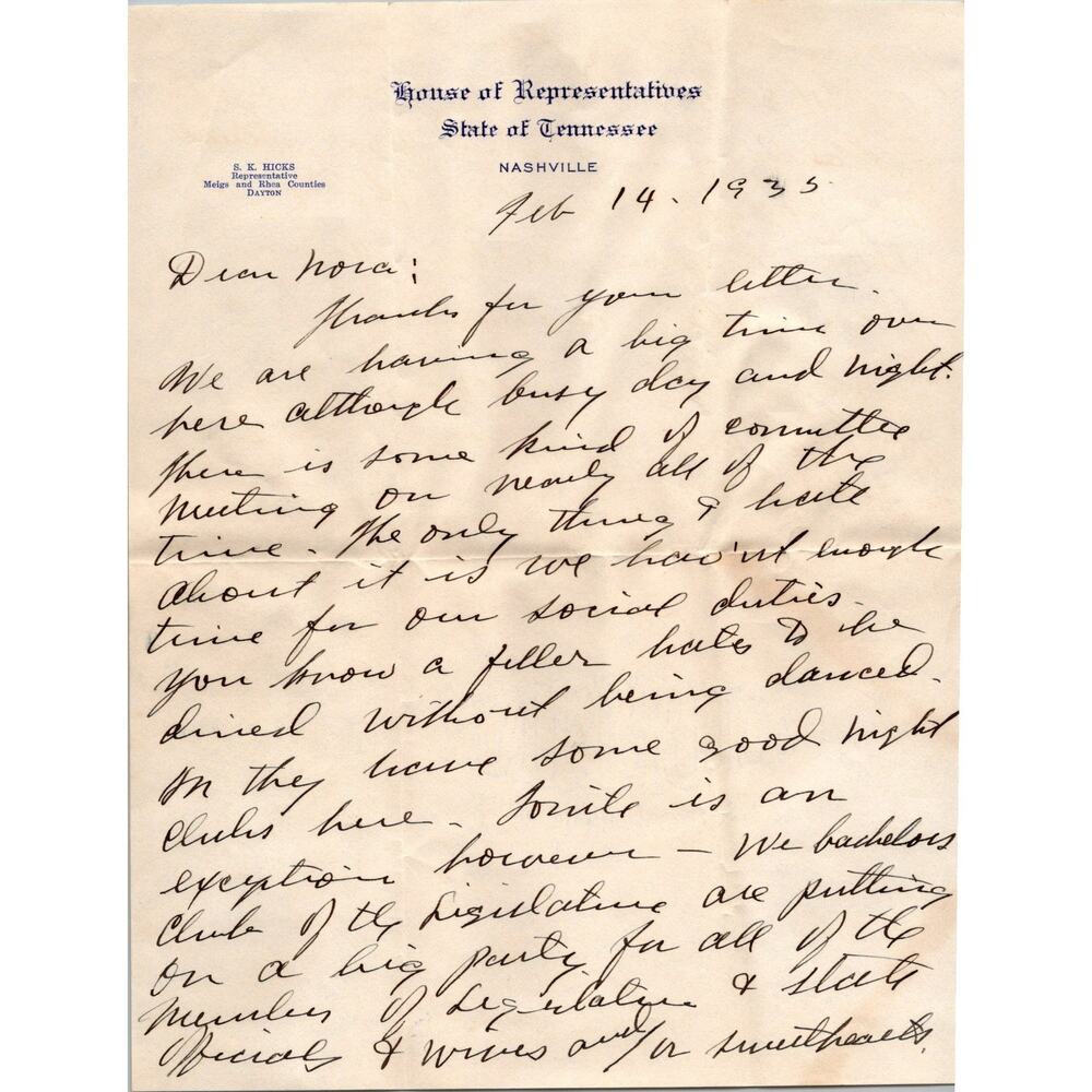 Tennessee Judge S K Sue Hicks House of Representatives Letterhead Boy Named Sue